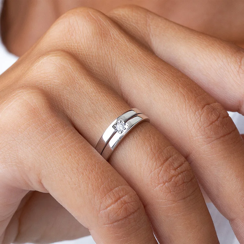 Round Cut Diamond White Sterling Silver Solitaire Wedding Band