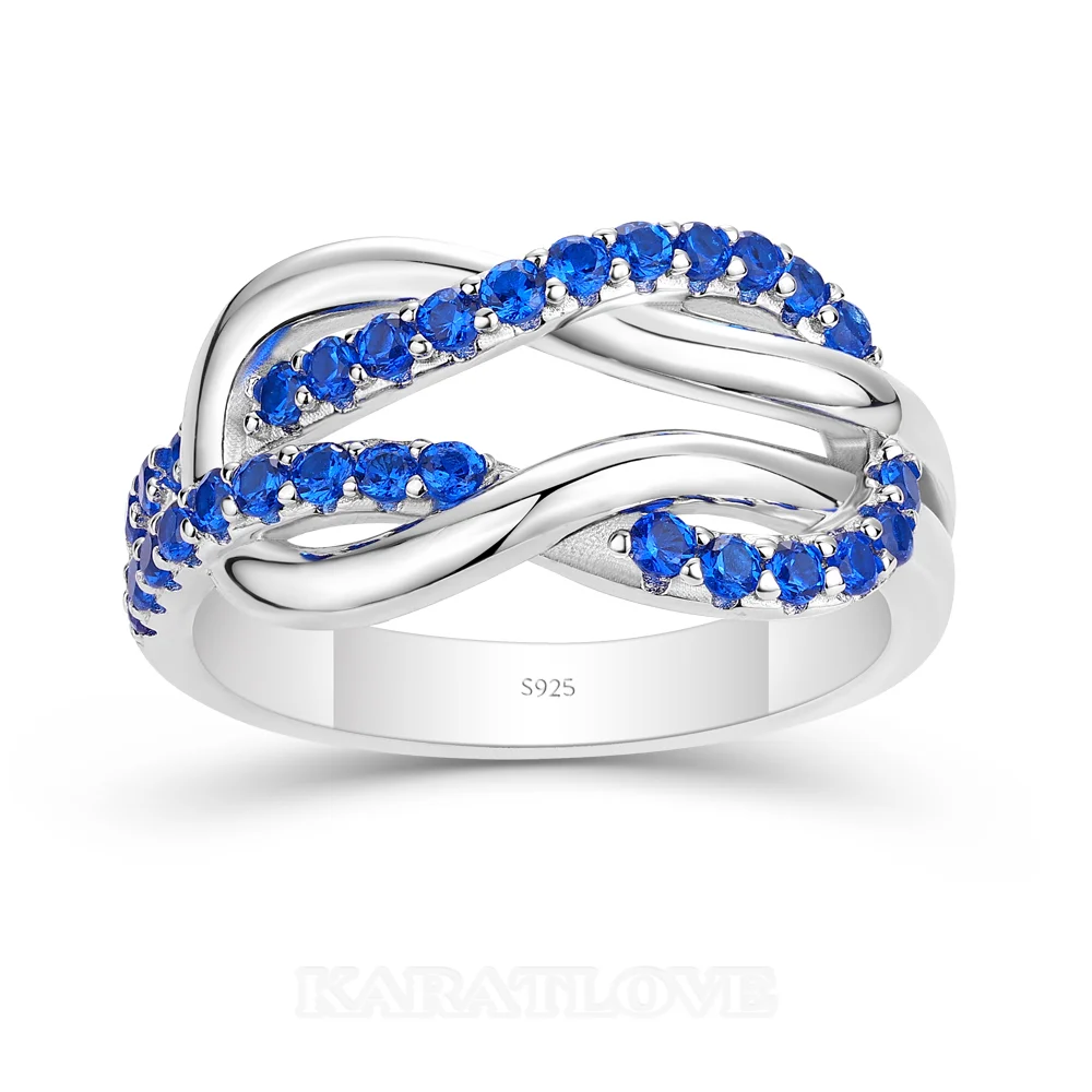 Round Cut Sapphire Blue Sterling Silver Intertwined Band Promise Ring