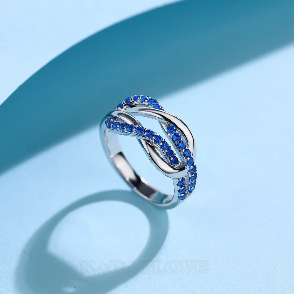 Round Cut Sapphire Blue Sterling Silver Intertwined Band Promise Ring