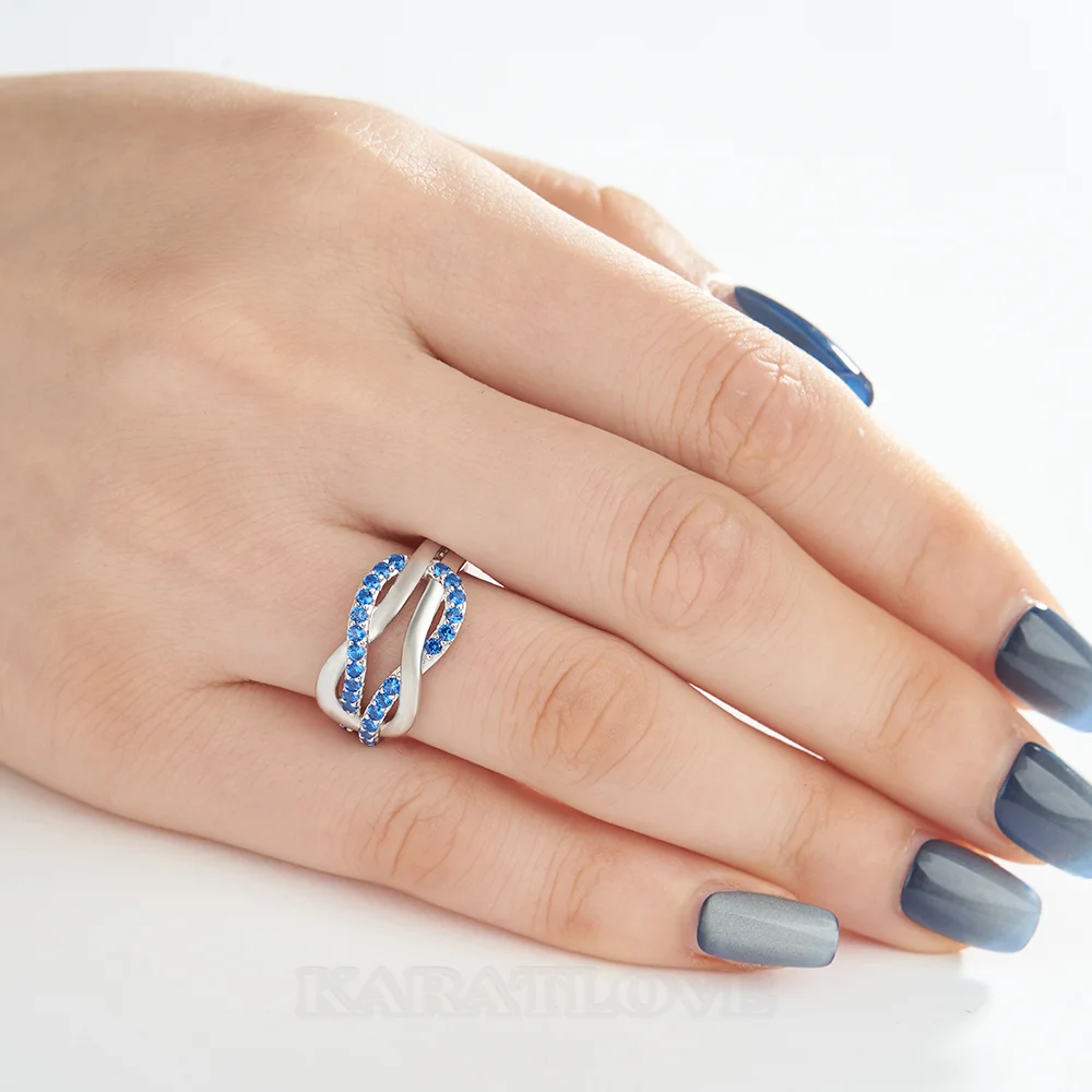 Round Cut Sapphire Blue Sterling Silver Intertwined Band Promise Ring