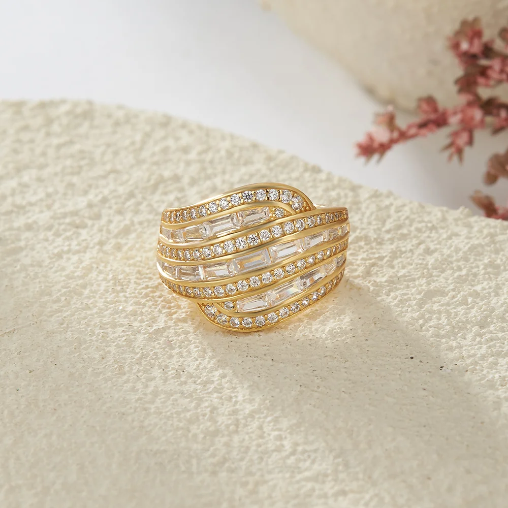 Baguette Cut Diamond White Yellow Gold Sterling Silver Art Deco Band Ring