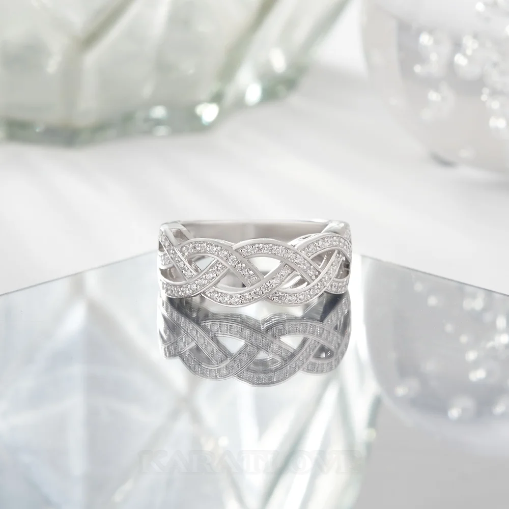 Round Cut Diamond White Sterling Silver Intertwined Wedding Ring