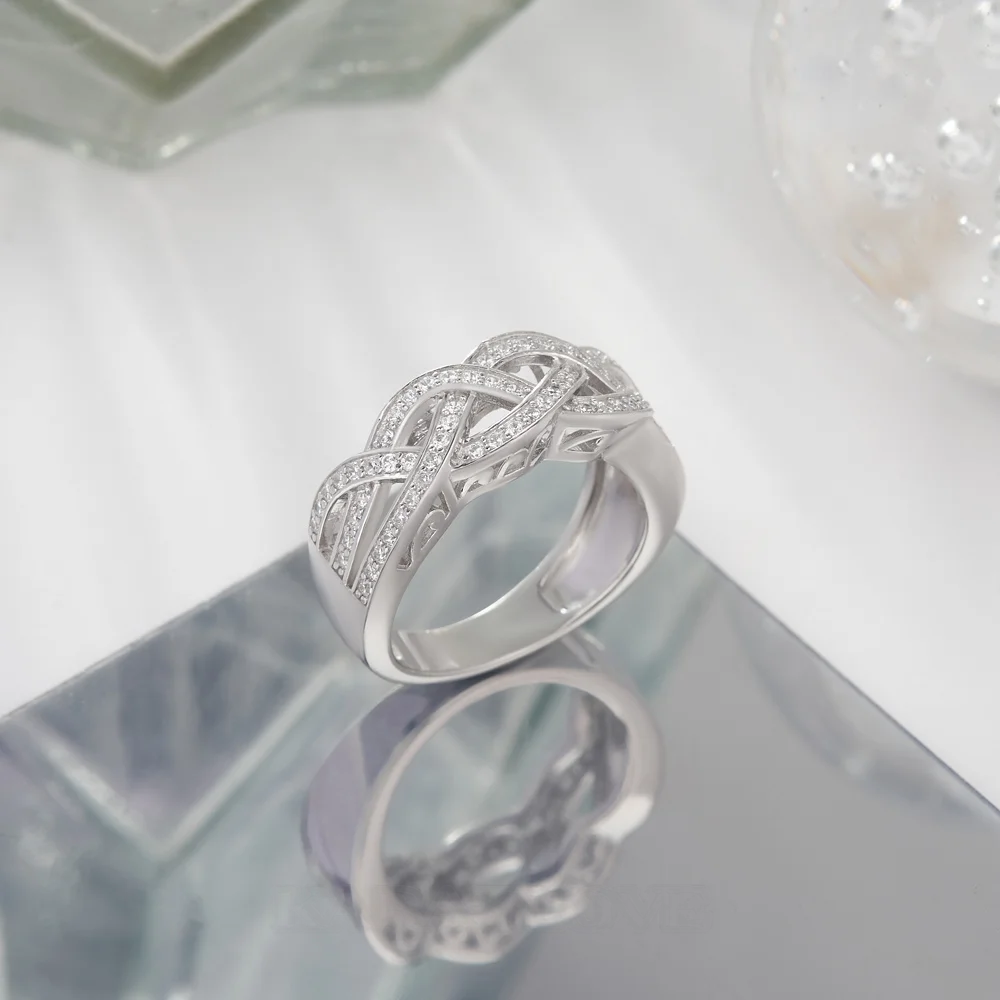 Round Cut Diamond White Sterling Silver Intertwined Wedding Ring