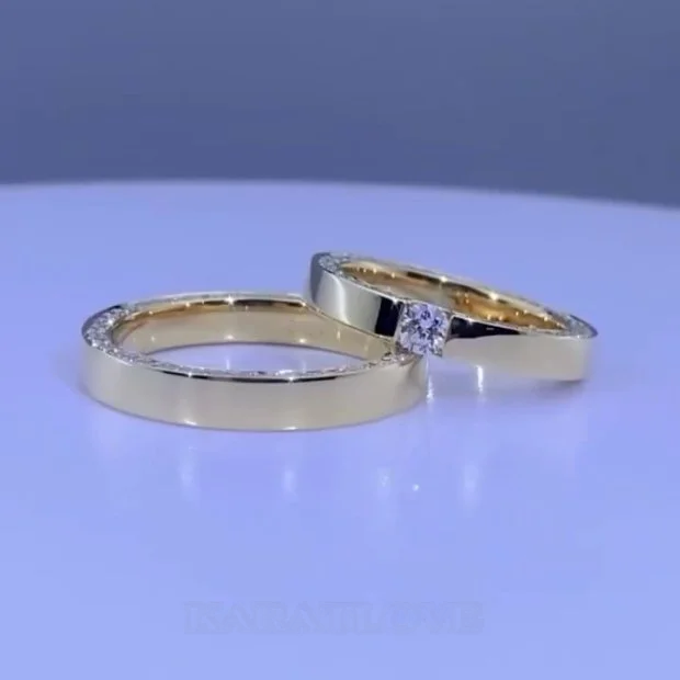 Round Cut Diamond White Yellow Gold Couple Rings in 925 Sterling Silver
