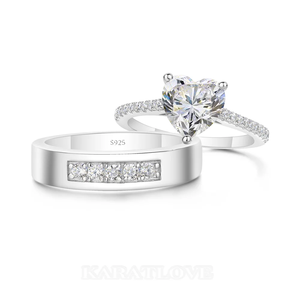 Heart Cut Diamond White 925 Sterling Silver Wedding Couple Rings