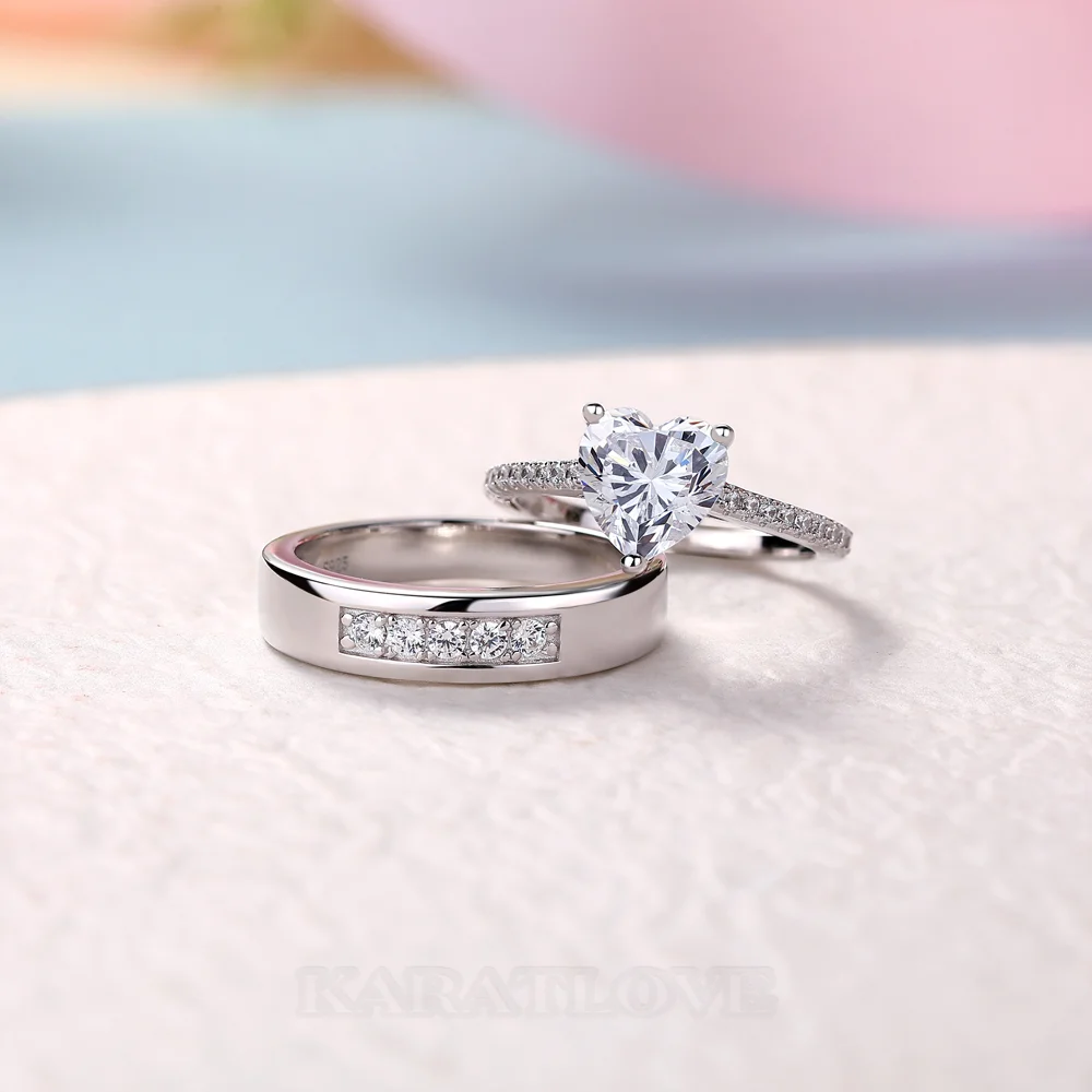 Heart Cut Diamond White 925 Sterling Silver Wedding Couple Rings