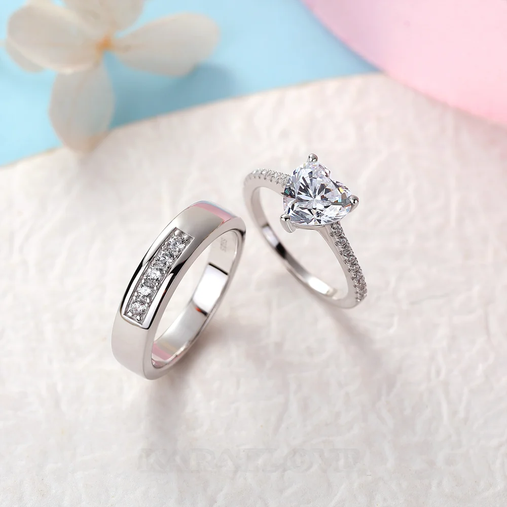 Heart Cut Diamond White 925 Sterling Silver Wedding Couple Rings
