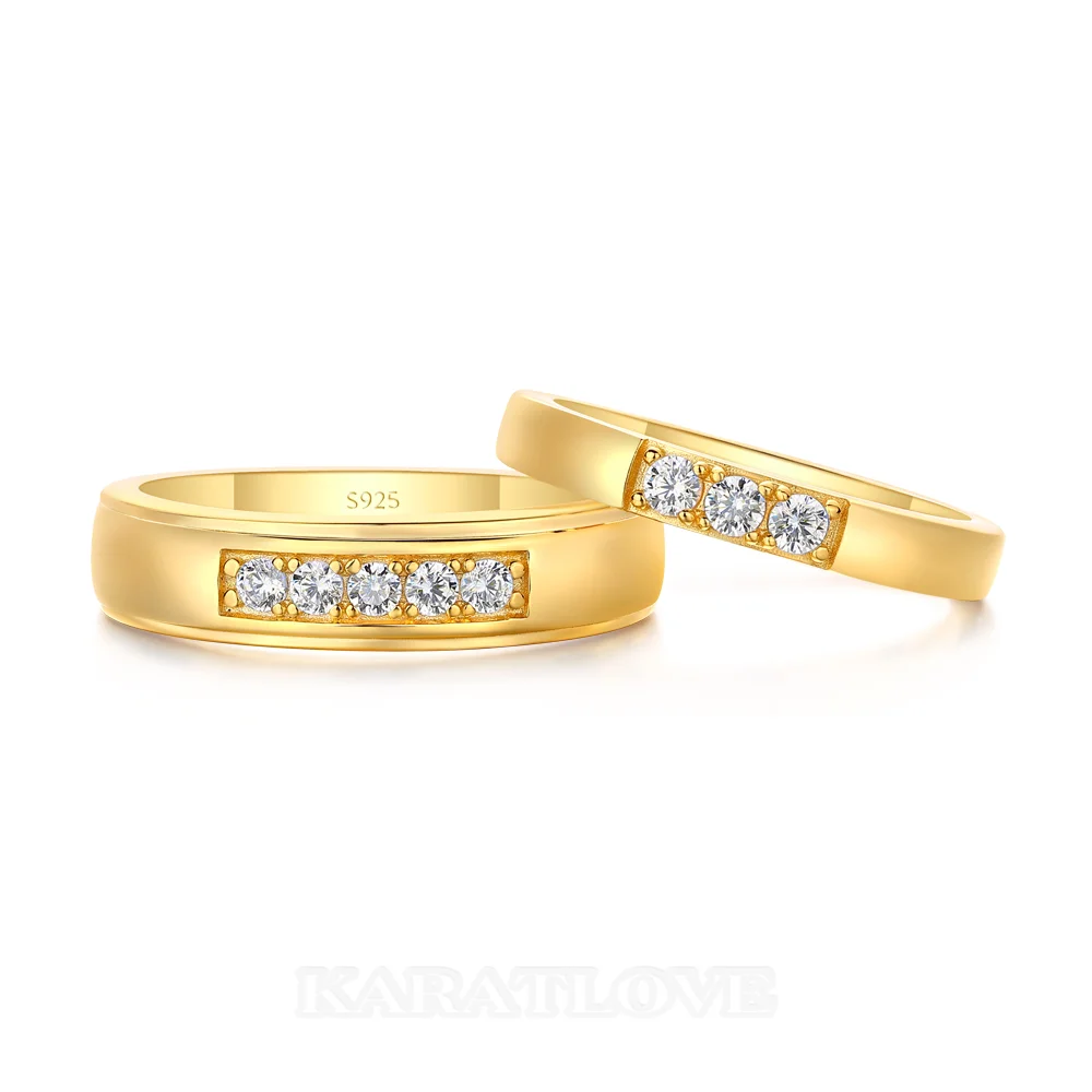 Round Cut Diamond White 925 Sterling Silver Yellow Gold Wedding Couple Rings