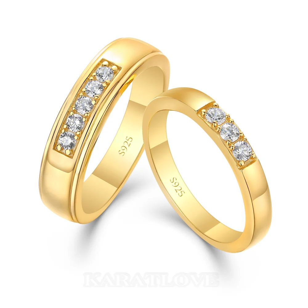 Round Cut Diamond White 925 Sterling Silver Yellow Gold Wedding Couple Rings