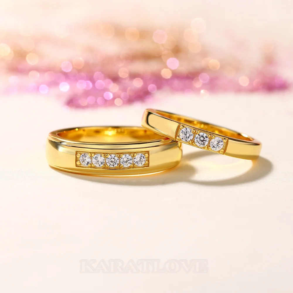 Round Cut Diamond White 925 Sterling Silver Yellow Gold Wedding Couple Rings