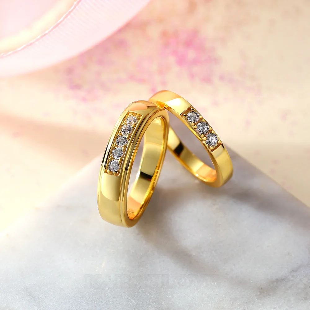 Round Cut Diamond White 925 Sterling Silver Yellow Gold Wedding Couple Rings