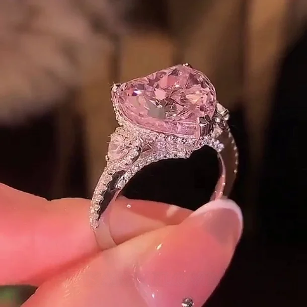 Fancy Pink Heart Cut 3-Stone Engagement Ring in 925 Sterling Silver