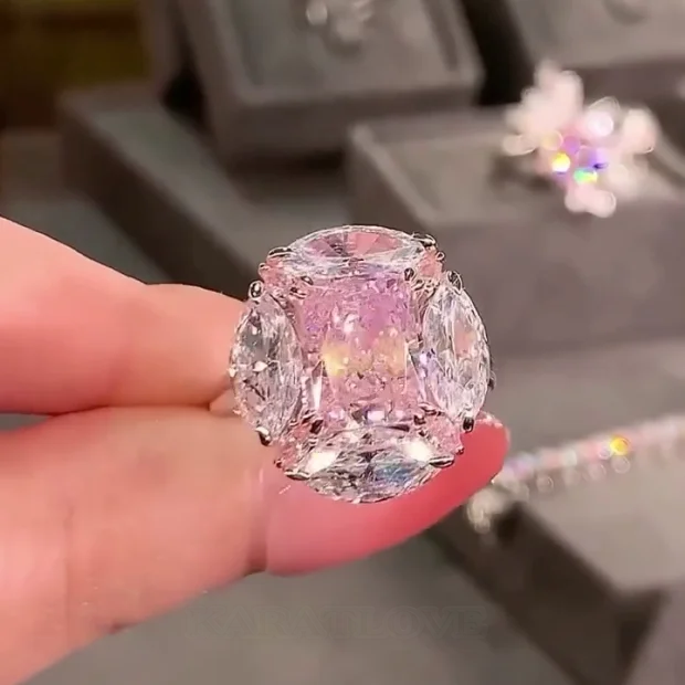 Radiant Cut Fancy Pink Art Deco Engagement Ring in 925 Sterling Silver