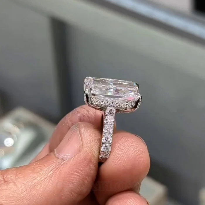 Radiant Cut Diamond White Hidden Halo 925 Sterling Silver Engagement Ring