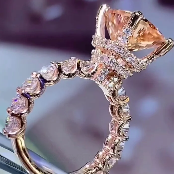 Radiant Cut Champagne Hidden Halo 925 Sterling Silver Rose Gold Engagement Ring Radiant Cut Champagne Hidden Halo 925 Sterling Silver Rose Gold Engagement Ring