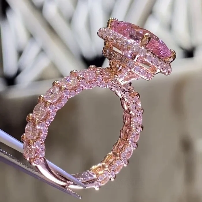 Radiant Cut Fancy Pink Halo 925 Sterling Silver Rose Gold Engagement Ring Radiant Cut Fancy Pink Halo 925 Sterling Silver Rose Gold Engagement Ring
