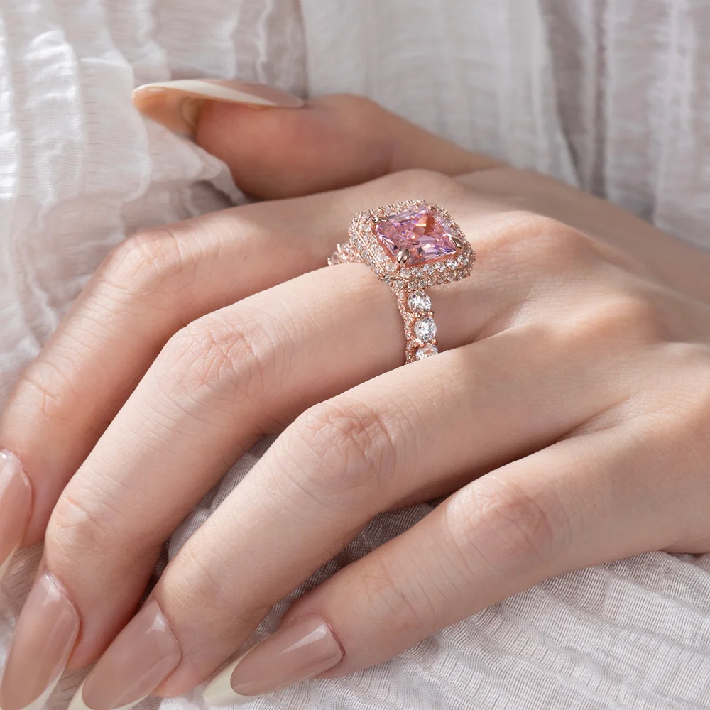 Radiant Cut Fancy Pink Halo 925 Sterling Silver Rose Gold Engagement Ring