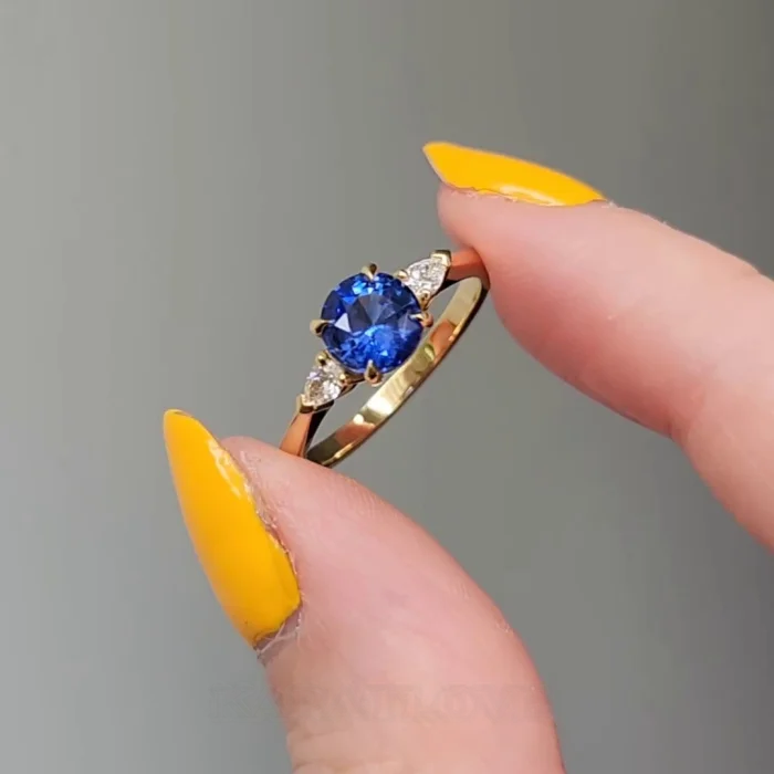 Round Cut Sapphire Blue 925 Sterling Silver Yellow Gold 3-Stone Engagement Ring