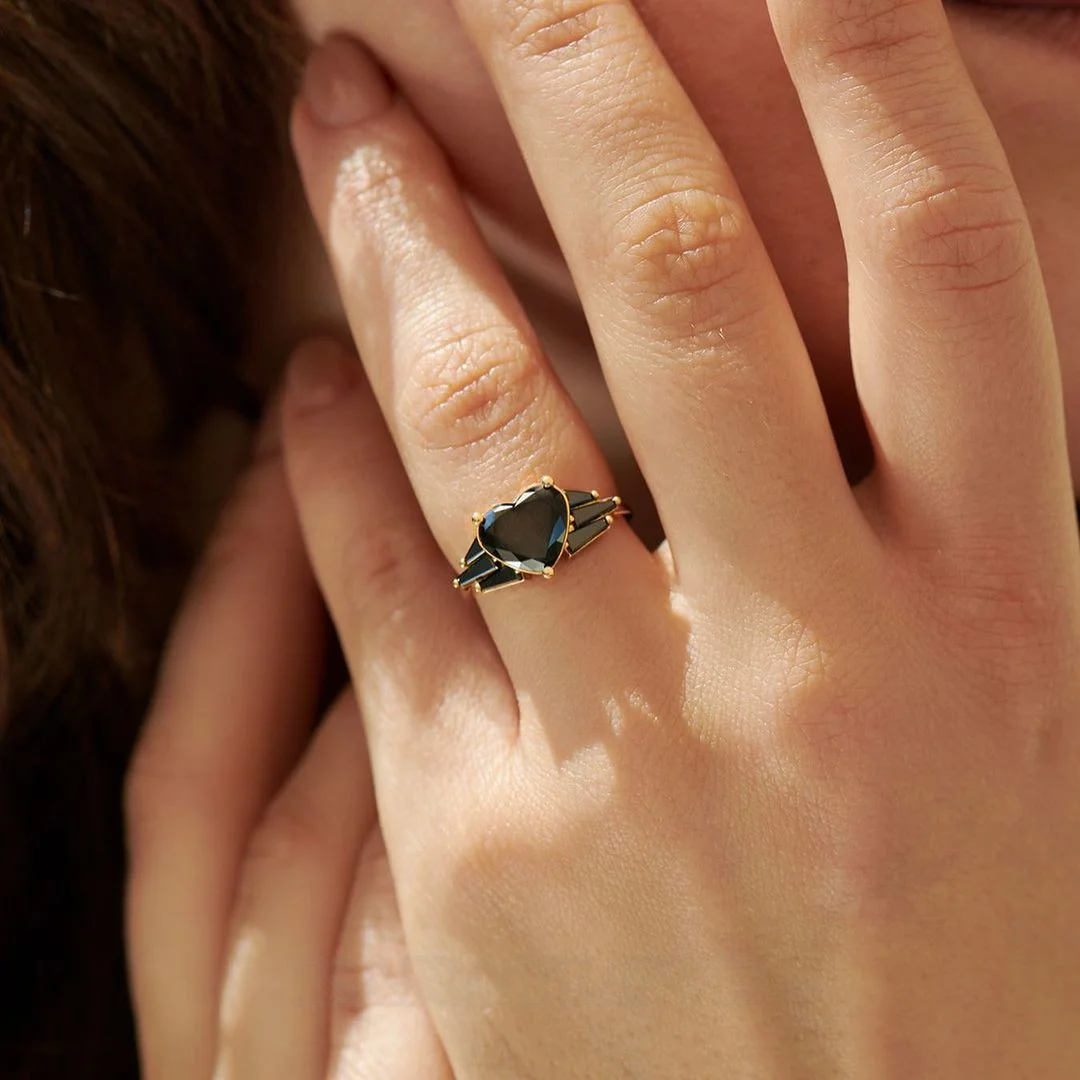 Heart Cut Fancy Black 925 Sterling Silver Yellow Gold Art Deco Engagement Ring