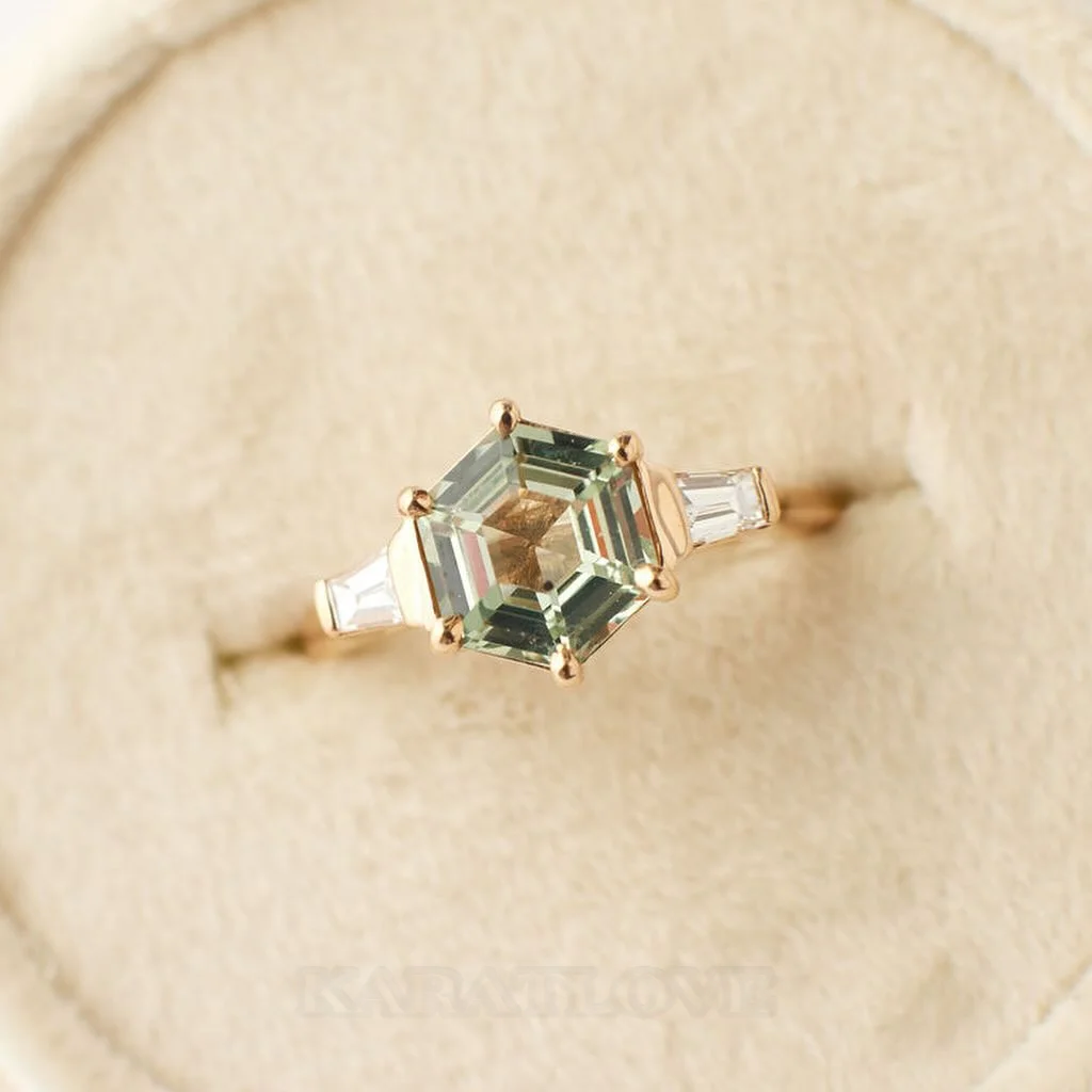 Hexagon Cut Peridot Green 925 Sterling Silver Yellow Gold 3-Stone Engagement Ring