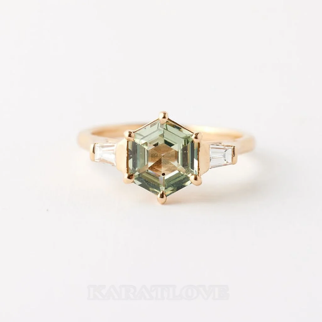 Hexagon Cut Peridot Green 925 Sterling Silver Yellow Gold 3-Stone Engagement Ring