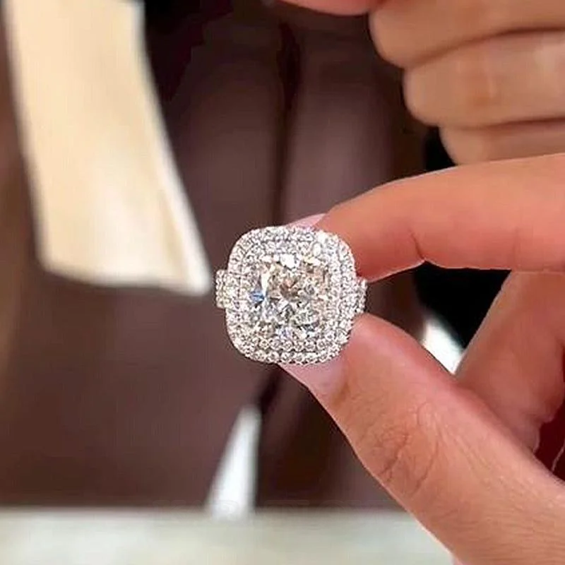 Cushion Cut Diamond White Sterling Silver Double Halo Engagement Ring