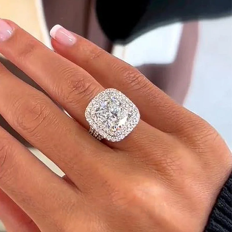 Cushion Cut Diamond White Sterling Silver Double Halo Engagement Ring