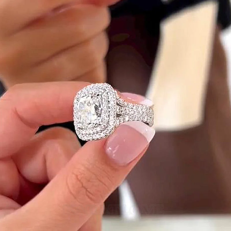 Cushion Cut Diamond White Sterling Silver Double Halo Engagement Ring