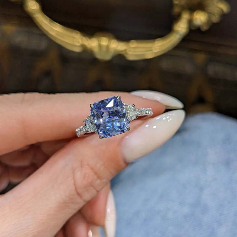 Radiant Cut Sapphire Blue Sterling Silver 3-Stone Engagement Ring