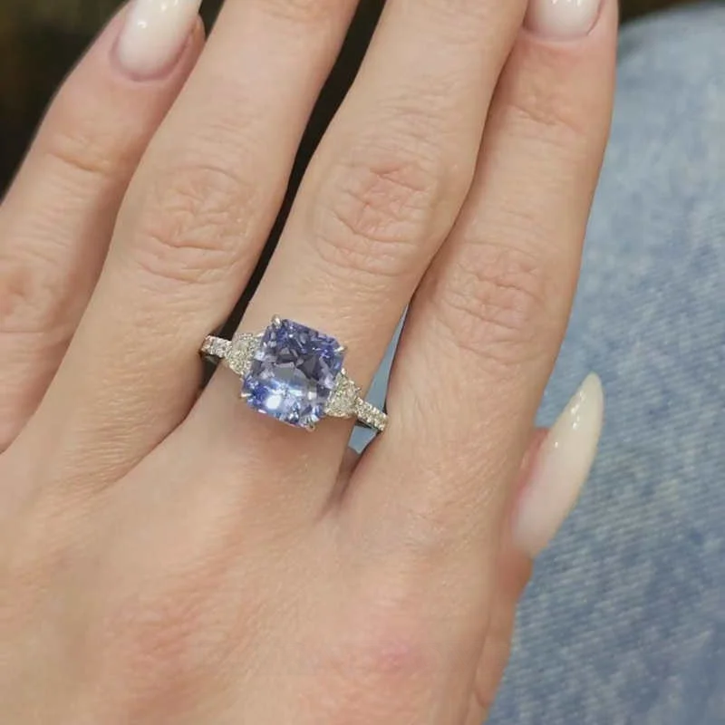 Radiant Cut Sapphire Blue Sterling Silver 3-Stone Engagement Ring