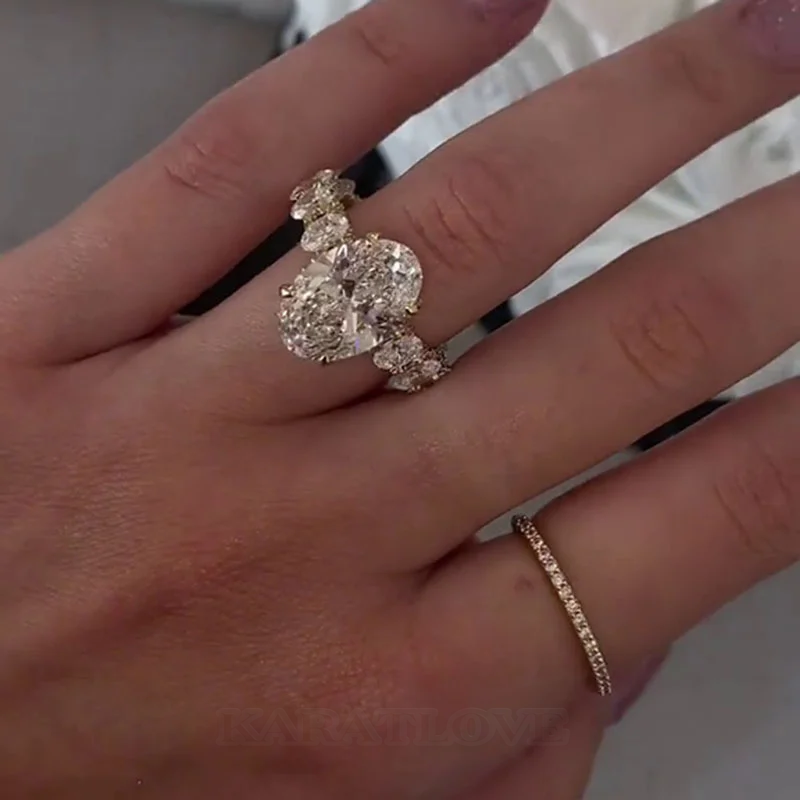 Oval Cut Diamond White 925 Sterling Silver Yellow Gold Hidden Halo Engagement Ring