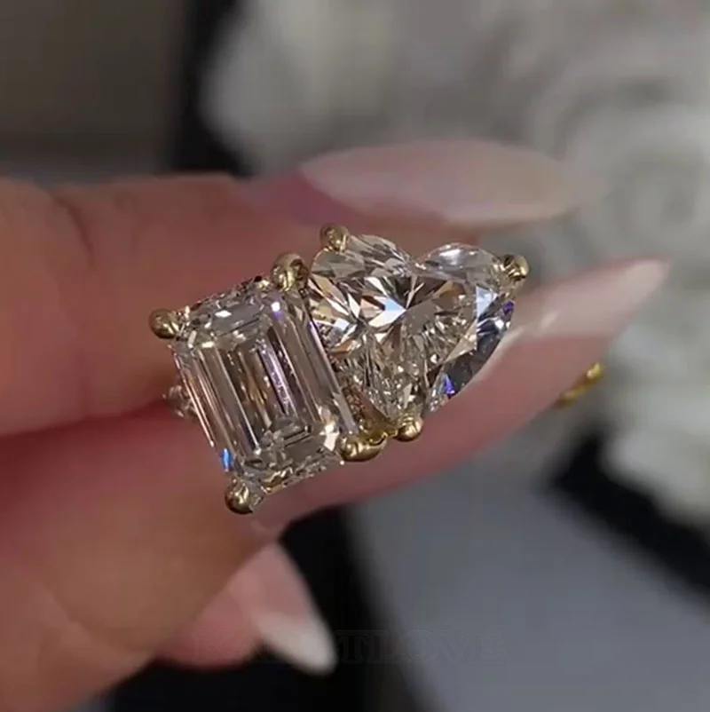 Emerald and Heart Cut Diamond White 925 Sterling Silver Yellow Gold Hidden Halo Engagement Ring