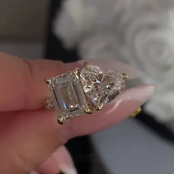 Emerald and Heart Cut Diamond White 925 Sterling Silver Yellow Gold Hidden Halo Engagement Ring