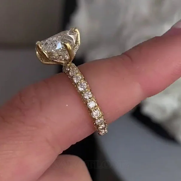 Emerald and Heart Cut Diamond White 925 Sterling Silver Yellow Gold Hidden Halo Engagement Ring