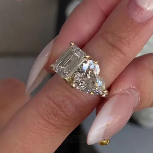 Emerald and Heart Cut Diamond White 925 Sterling Silver Yellow Gold Hidden Halo Engagement Ring