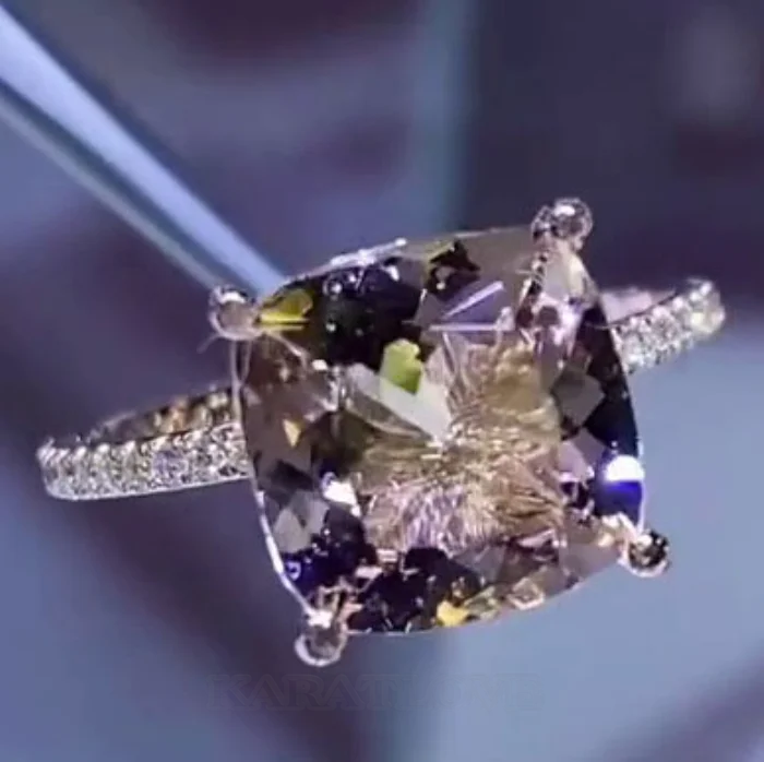 Cushion Cut Champagne 925 Sterling Silver Rose Gold Hidden Halo Engagement Ring