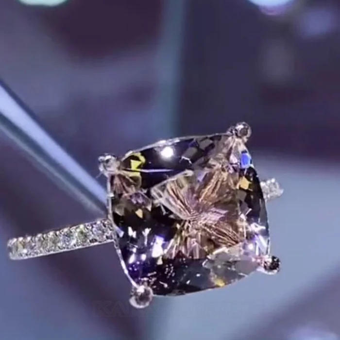 Cushion Cut Champagne 925 Sterling Silver Rose Gold Hidden Halo Engagement Ring