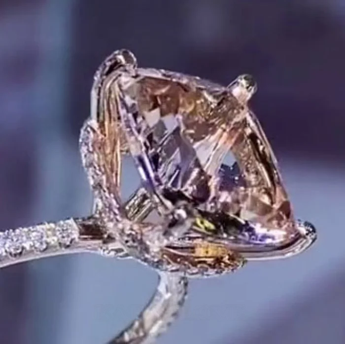 Cushion Cut Champagne 925 Sterling Silver Rose Gold Hidden Halo Engagement Ring