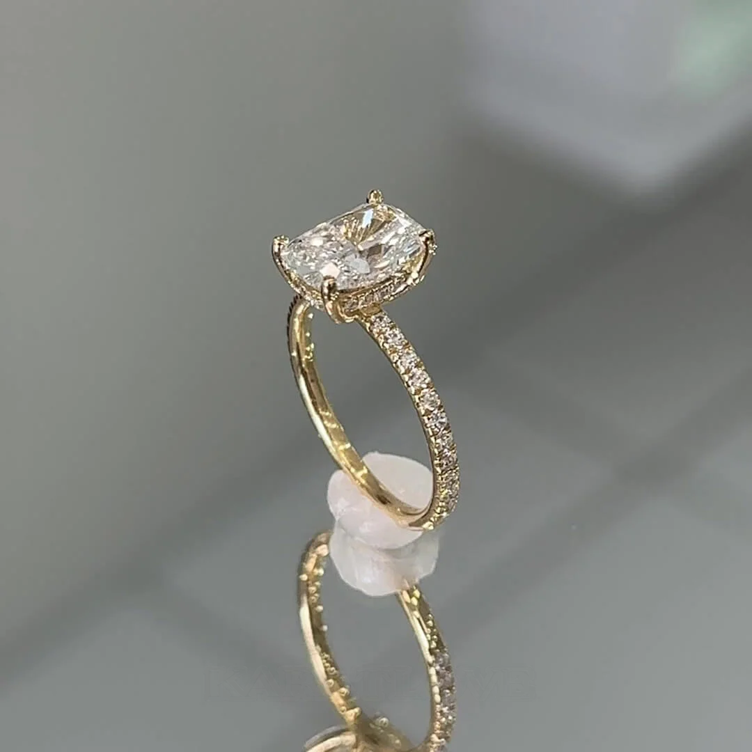 Cushion Cut Diamond White Sterling Silver Yellow Gold Hidden Halo Engagement Ring