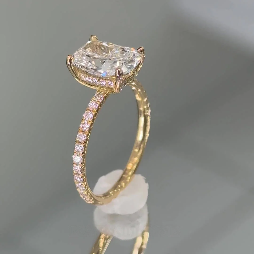 Cushion Cut Diamond White Sterling Silver Yellow Gold Hidden Halo Engagement Ring