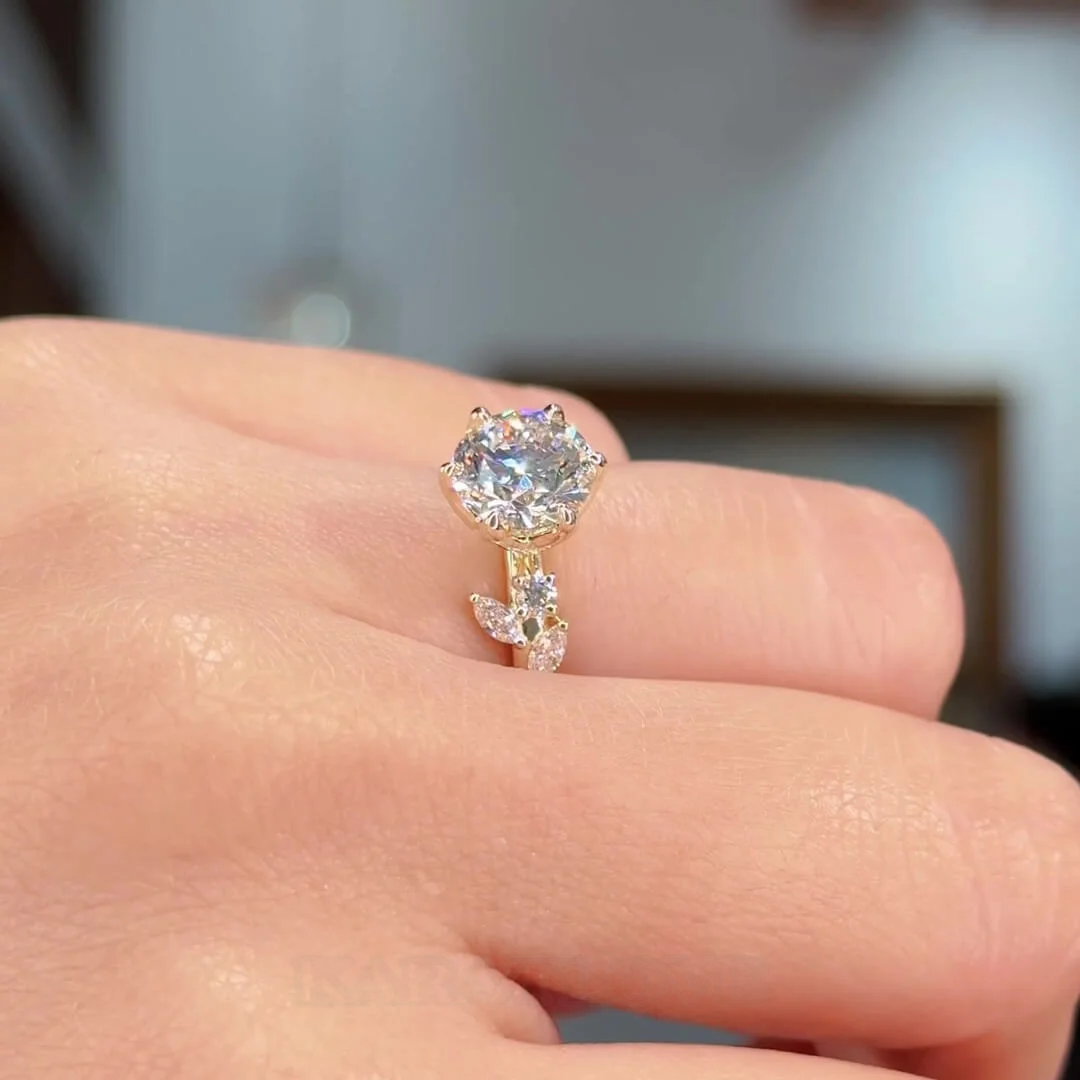 Round Cut Diamond White Sterling Silver Yellow Gold Art Deco Engagement Ring