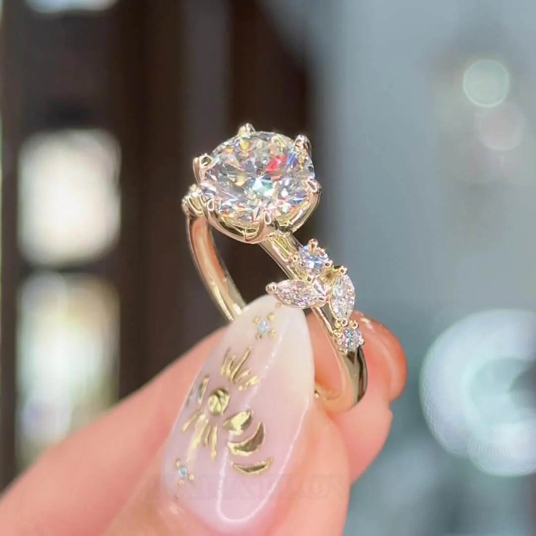 Round Cut Diamond White Sterling Silver Yellow Gold Art Deco Engagement Ring