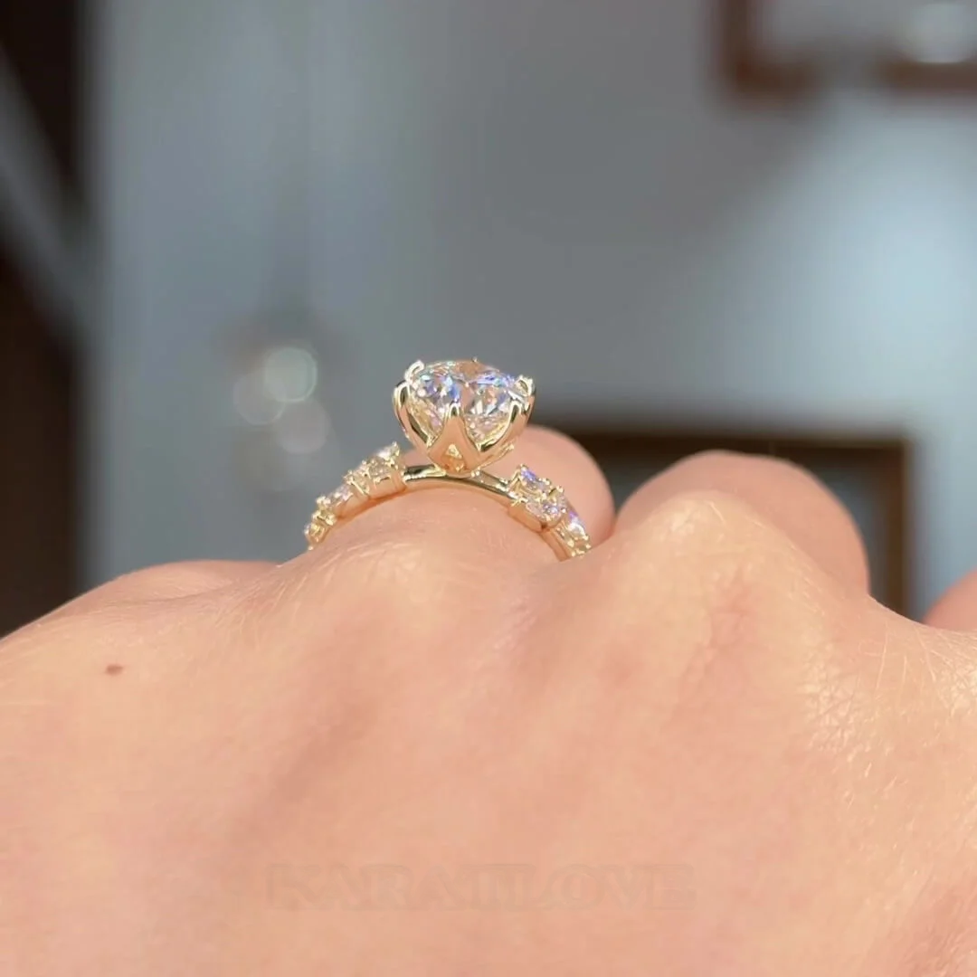 Round Cut Diamond White Sterling Silver Yellow Gold Art Deco Engagement Ring