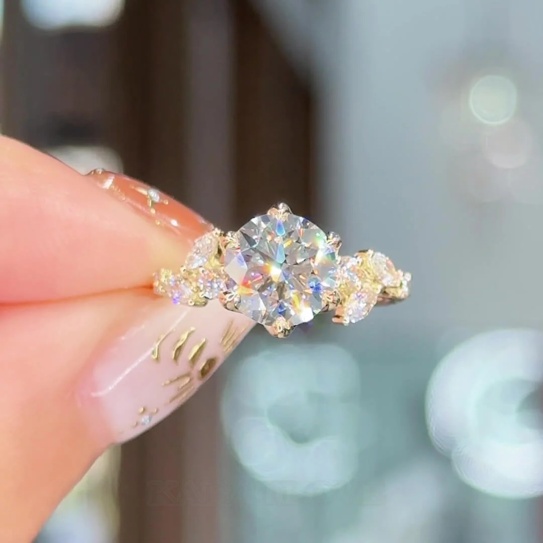 Round Cut Diamond White Sterling Silver Yellow Gold Art Deco Engagement Ring