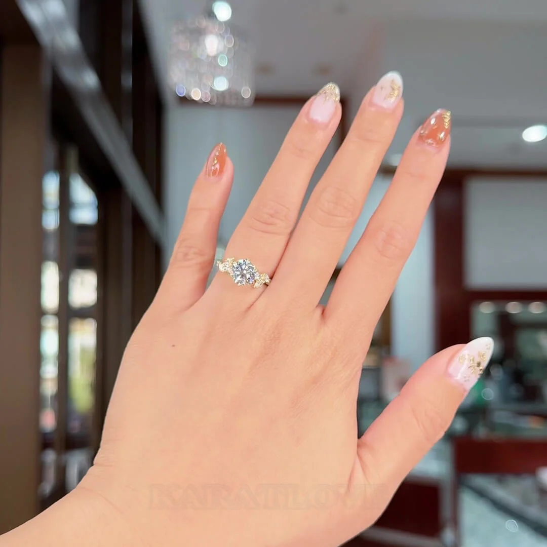 Round Cut Diamond White Sterling Silver Yellow Gold Art Deco Engagement Ring