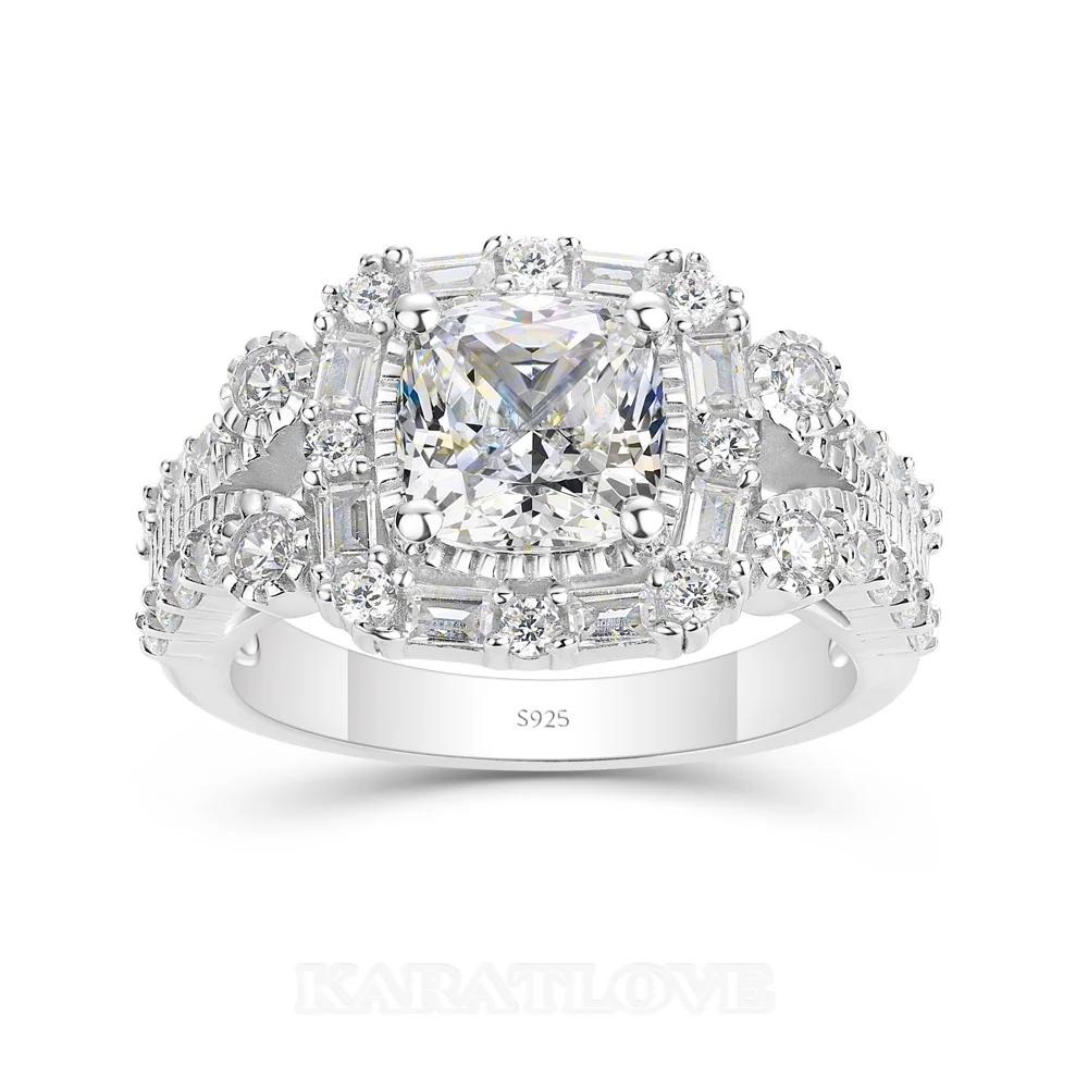 Cushion Cut Diamond White Sterling Silver Halo Engagement Ring