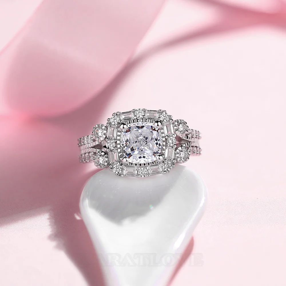 Cushion Cut Diamond White Sterling Silver Halo Engagement Ring