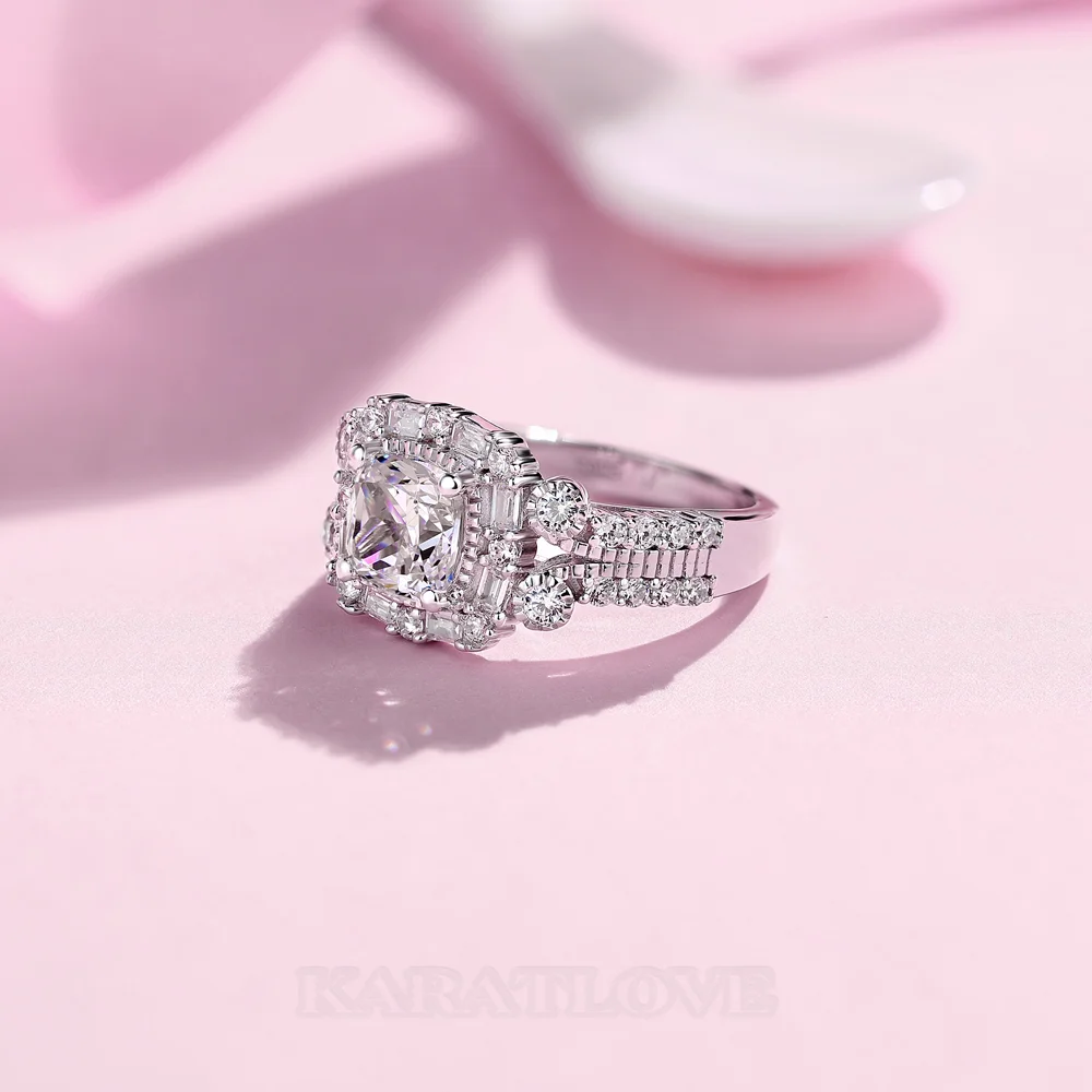 Cushion Cut Diamond White Sterling Silver Halo Engagement Ring