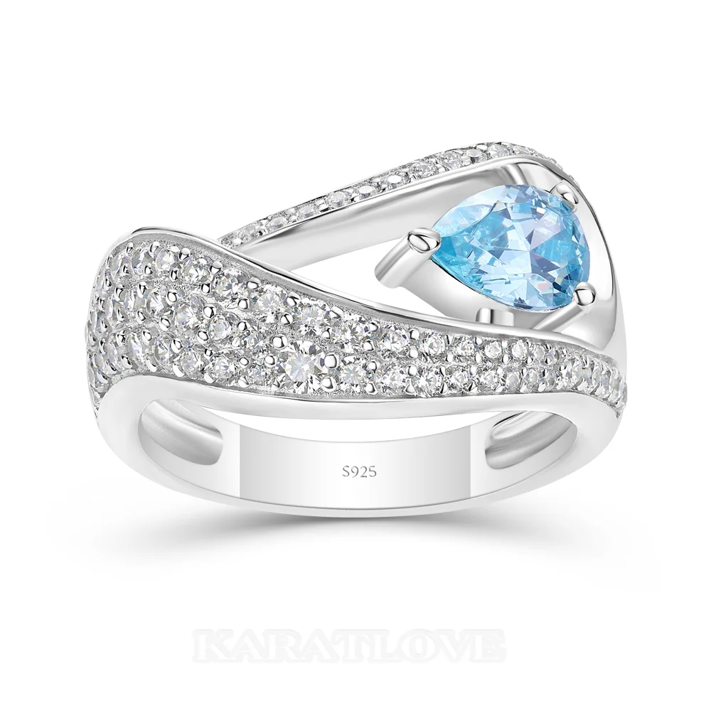 Pear Cut Aquamarine Blue Sterling Silver Art Deco Engagement Ring