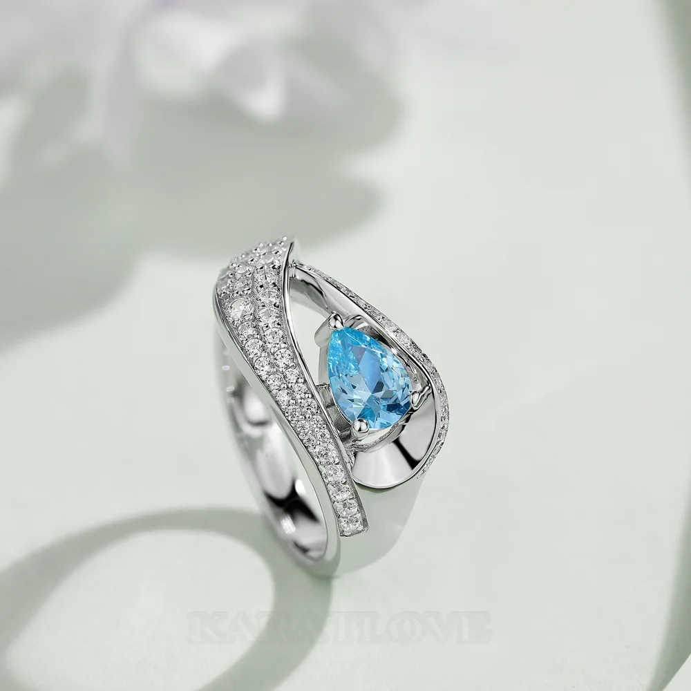 Pear Cut Aquamarine Blue Sterling Silver Art Deco Engagement Ring